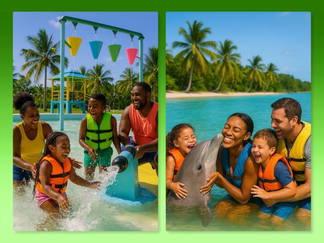 Families with kids enjoying a splash park and a dolphin encounter in Jamaica