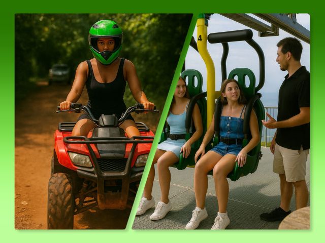 ATV rider on a forest trail and visitors preparing for an adventure ride in Jamaica