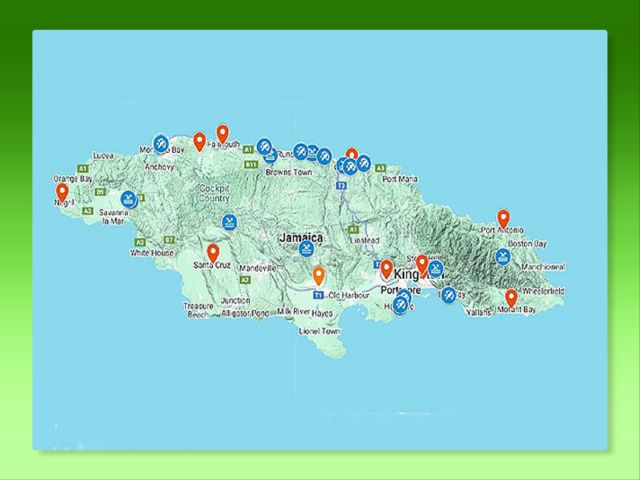 Map of Jamaica with pins marking attractions across the island